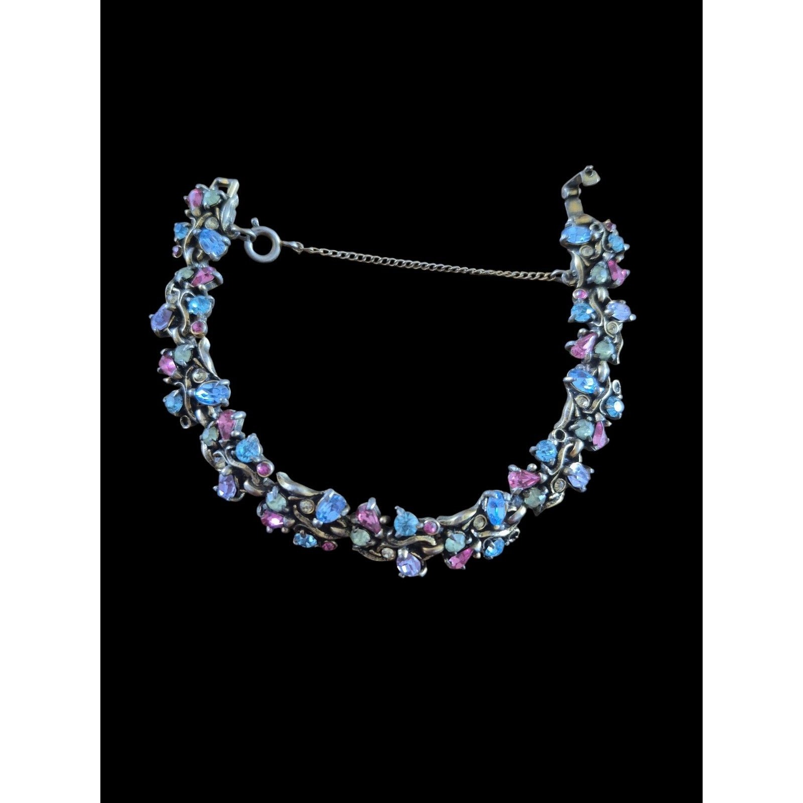 Vintage Hollycraft 1950 Signed Fruit Salad Green Pink Blue Rhinestone Bracelet 70$